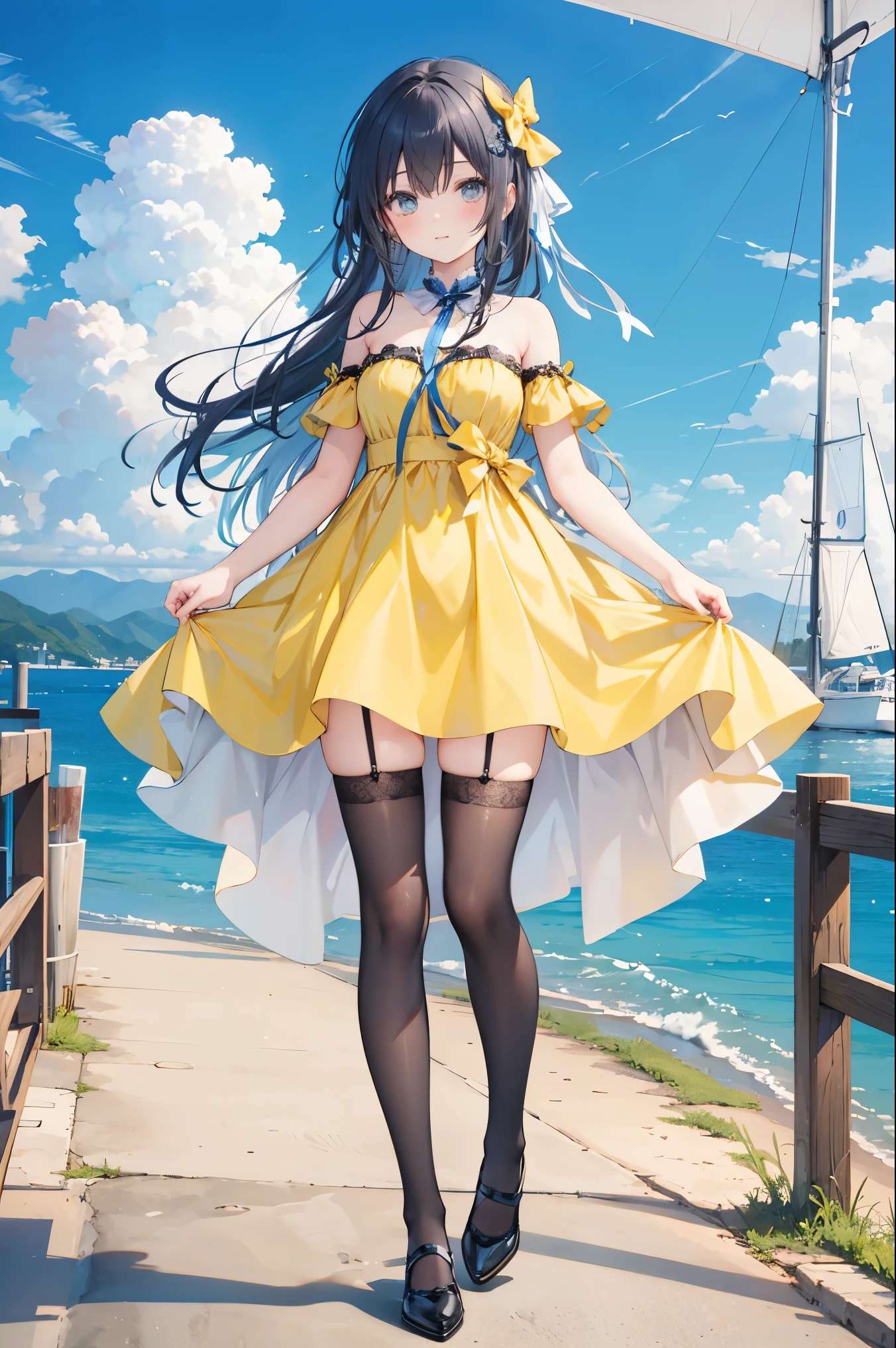 shenzi,((full body)),strapless dress,bow,yellow dress,white thighhighs,blue ribbon,((full body)),beautiful woman in a sailing b