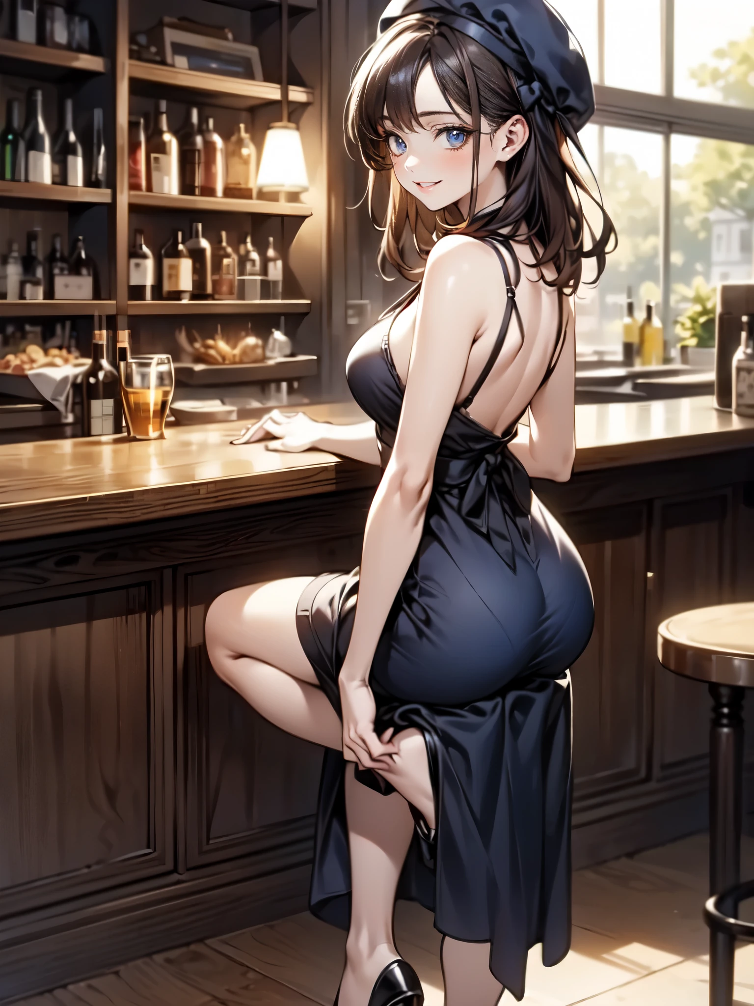 {{{masterpiece}}}, {{{highest quality}}},{{{NSFW}}} ,
cute:1.2、anime eyes、Tomboy、big breasts、big ass、abs、Middle hair、black hair、、Like a photo book、leaning forward、Close-up、Close-up、
,pencil dress 、wear ornaments、girls bar、luxury red sofa、Drink alcohol、sit、elaborate design、visual art、high contract、best lighting、most detailed、cinematic angle、Realistic、close