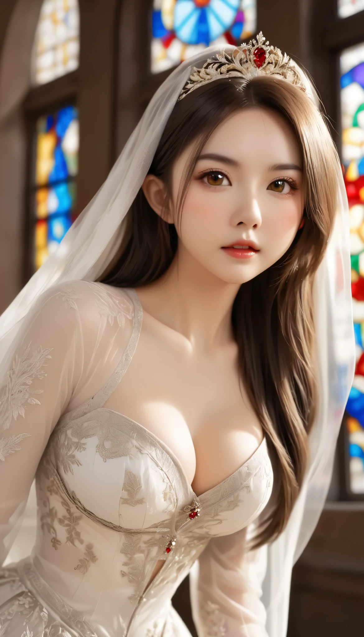 light particles, soft lighting, volumetric lighting, intricate details, finely detailed,1 sexy lady, solo, 22 years old, slim and healthy body, full body shot, (nudity:0.5), (beautiful and small bouncing firm ample breasts, deep cleavage:1.5) and a huge waist, blonde hair, long hair, high ponytail, red eyes, long eyelashes, thick eyelashes, looking at viewer, (Wedding dresses made of thin lace fabric that show through the skin, luxurious tiaras, necklaces, and very long veils:1.2), jacket with a snow and golden phoenix embroidery, Long skirt made of thin lace fabric that show through the skin, puffy sleeves, Juliet sleeves, (long sleeves:1.2), gorgeous stained glass with a story of Christ's birth embroidery, , (walking down the large, luxuriously decorated European style cathedral:1.3)、,, (back side view:1.3),