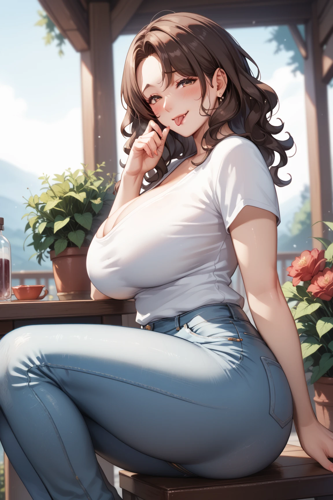 Alone,Mature Woman、50th Generation、garden、 insanely big breasts、 wavy hair、 medium hair、 Dark brown hair、 bewitching expression、Very big ass、Thick legs、 embarrassed 、smile、Tongue licking、Snow Leopard、 shirt 、jeans、mature female, milf, motherly、