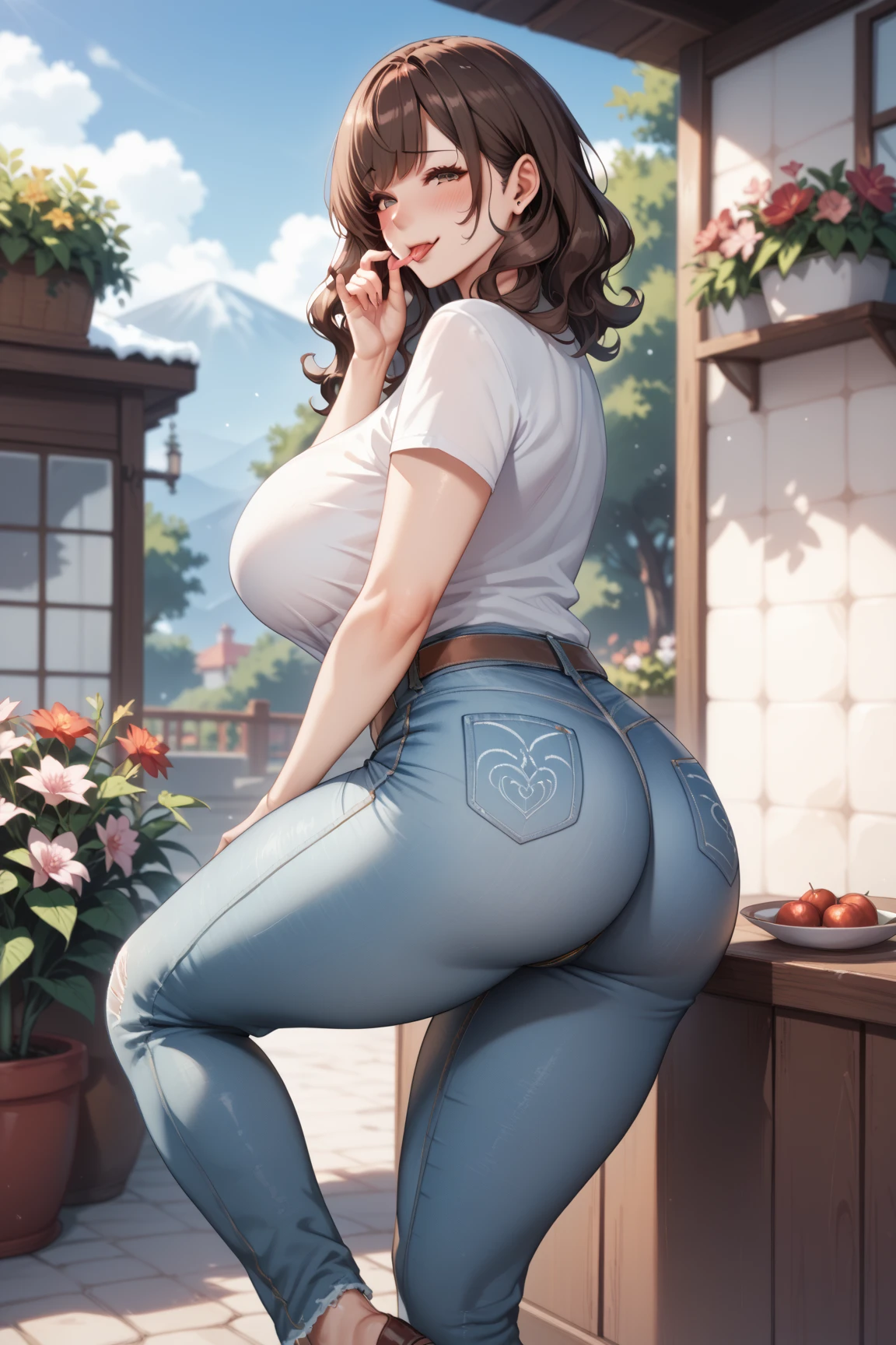 Alone,Mature Woman、50th Generation、garden、 insanely big breasts、 wavy hair、 medium hair、 Dark brown hair、 bewitching expression、Very big ass、Thick legs、 embarrassed 、smile、Tongue licking、Snow Leopard、 shirt 、jeans、mature female, milf, motherly、