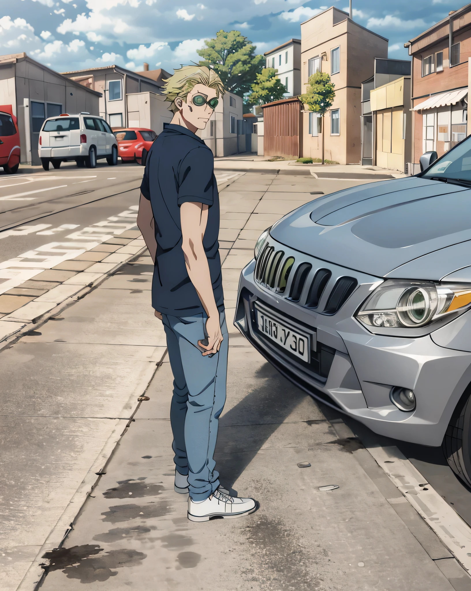 araffe standing in front of a car in a parking lot, edited, standing in a township street, standing in township street, taken in the early 2020s, standing in road, riyahd cassiem, full body picture, full pose, beautiful image, full view of a car, very very low quality picture((KentoNanami)),masterpiece,highres,high quality,extremely detailed,goggles,tinted eyewear,serious,formal,