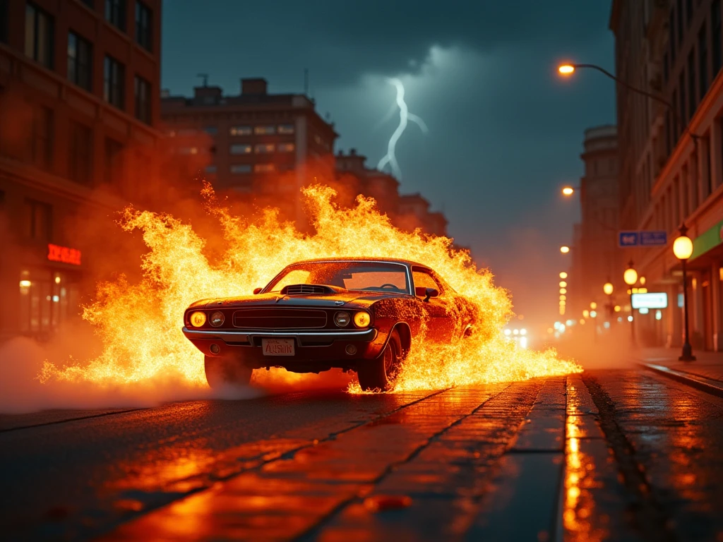 GHOST RIDER in flames stands car through a criminal city at night during a thunderstorm