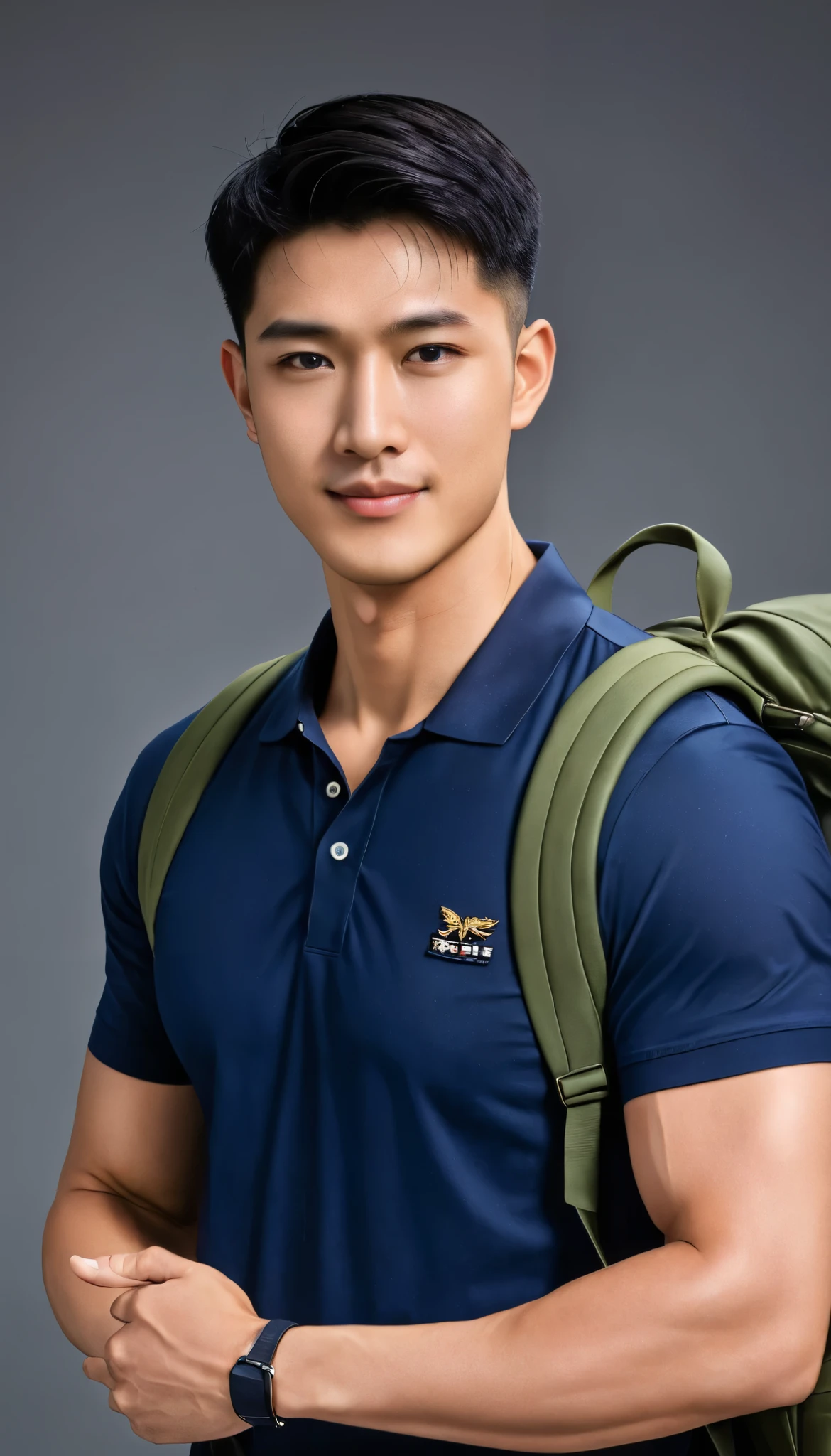 1boy, orimale ,Orimura, black_eyes, black_hair, male_focus, realistic ,  bright eyes  ,smile,  Buzz Cut Drop Fade , Handsome Thai Man With A Little Mustache , is muscular ,blood vessel,Broad shoulders,  is wearing a navy polo shirt with short sleeves without a logo and jeans, a backpack.