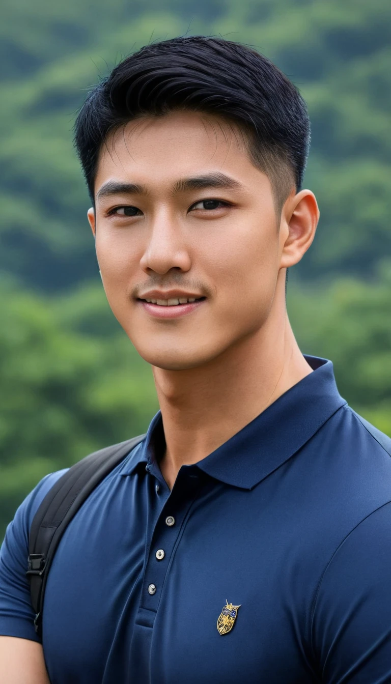 1boy, orimale ,Orimura, black_eyes, black_hair, male_focus, realistic ,  bright eyes  ,smile, Buzz Cut Drop Fade , Handsome Thai Man With A Little Mustache , is muscular ,blood vessel,Broad shoulders,  is wearing a navy polo shirt with short sleeves without a logo and jeans, a backpack.