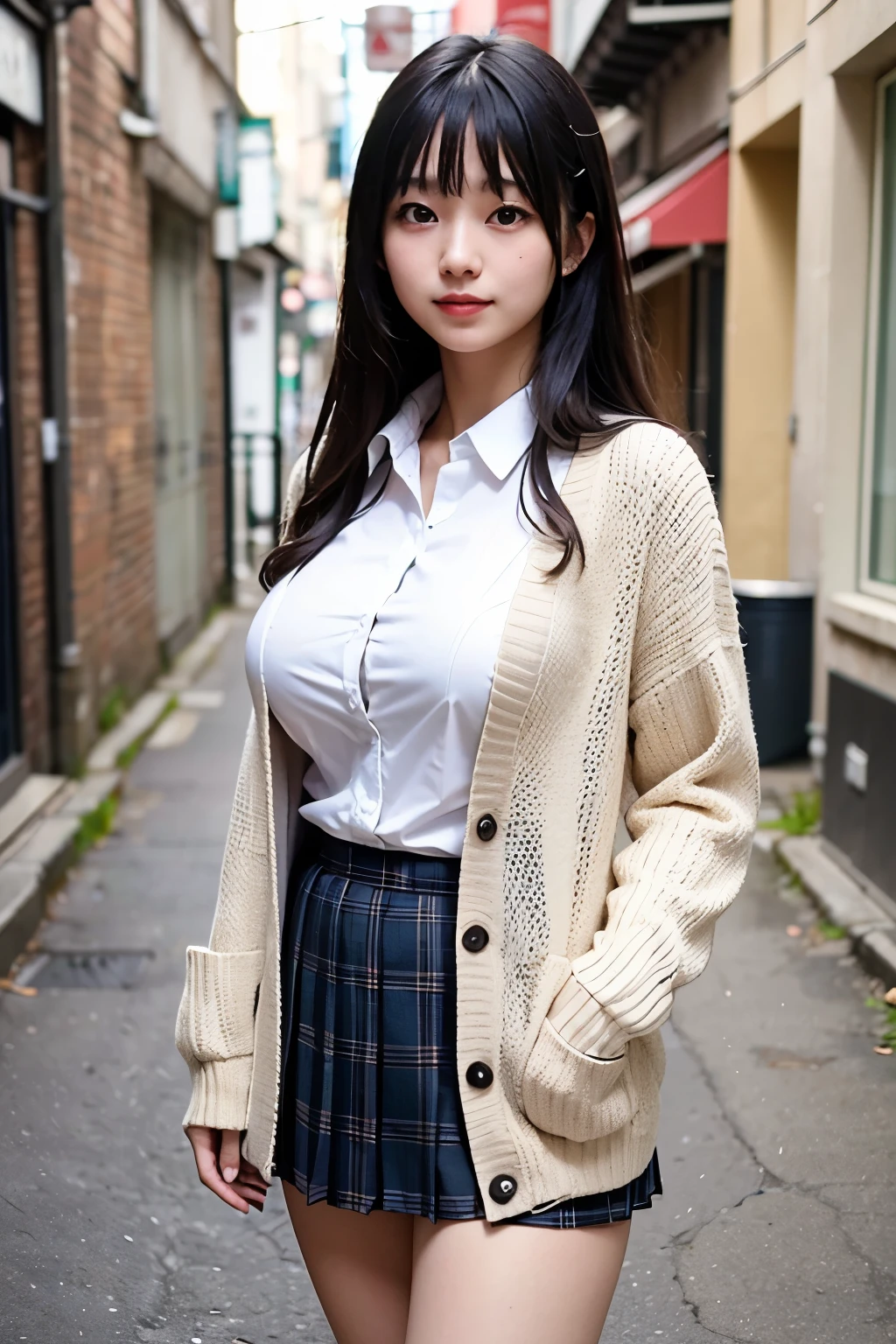High quality, Ultra detailed, best quality, insanely detailed, beautiful, masterpiece、8k、nsfw、spread pussy、upskirt、skirt lift、skirt lift by myself、((show off pussy1.4))、pubic hair、pussy focus、public indecency、((from below:1.3))、looking at viewer、spread pussy、bottomless、cinematic lighting、、black cardigan、clothed、city