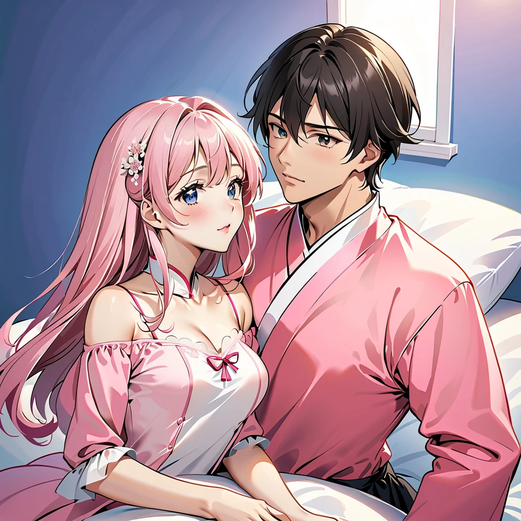 1 male、 hugs a beautiful girl who looks like the heroine of an idol anime with an innocent face,I can see my boobs from my chest in my pink uniform, Max Image，Princess bedroom ， during sexual activity,sex,Panting expression