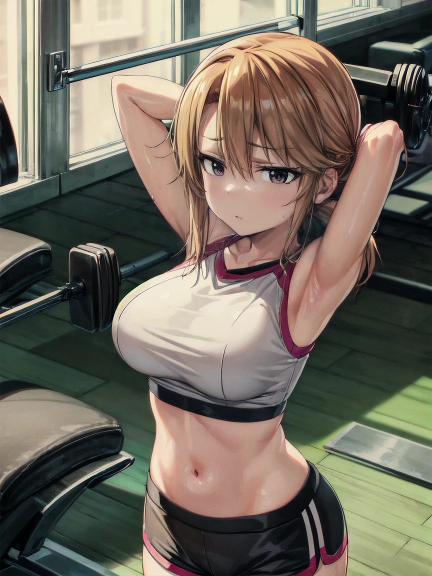 nsfw,A masterpice, 4K, best quality, yuuki haru,Sports Bra, Latex Shorts,open clothes, are standing, arms folded,cool expression,Beautiful gym, brown-eyed, midium-long-hair,Small_Breast, looking at the viewers,