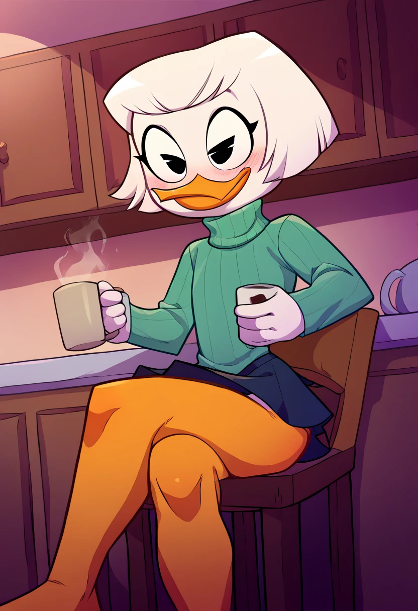 score_9, score_8_up, score_7_up, score_6_up, best quality, highres, source_furry rating_explicit BREAK meesh, by meesh BREAK
1girl, solo, inside, kitchen, duck, beak, webby vanderquack, young, white skin, white hair, short hair, black eyes, sitting on chair, orange legs, turtleneck, sweater, ribbed sweater, skirt, coffee mug, blush, crossed legs 