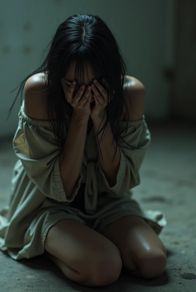 Vulnerable woman crying on her knees hyperrealistic 4K - SeaArt AI