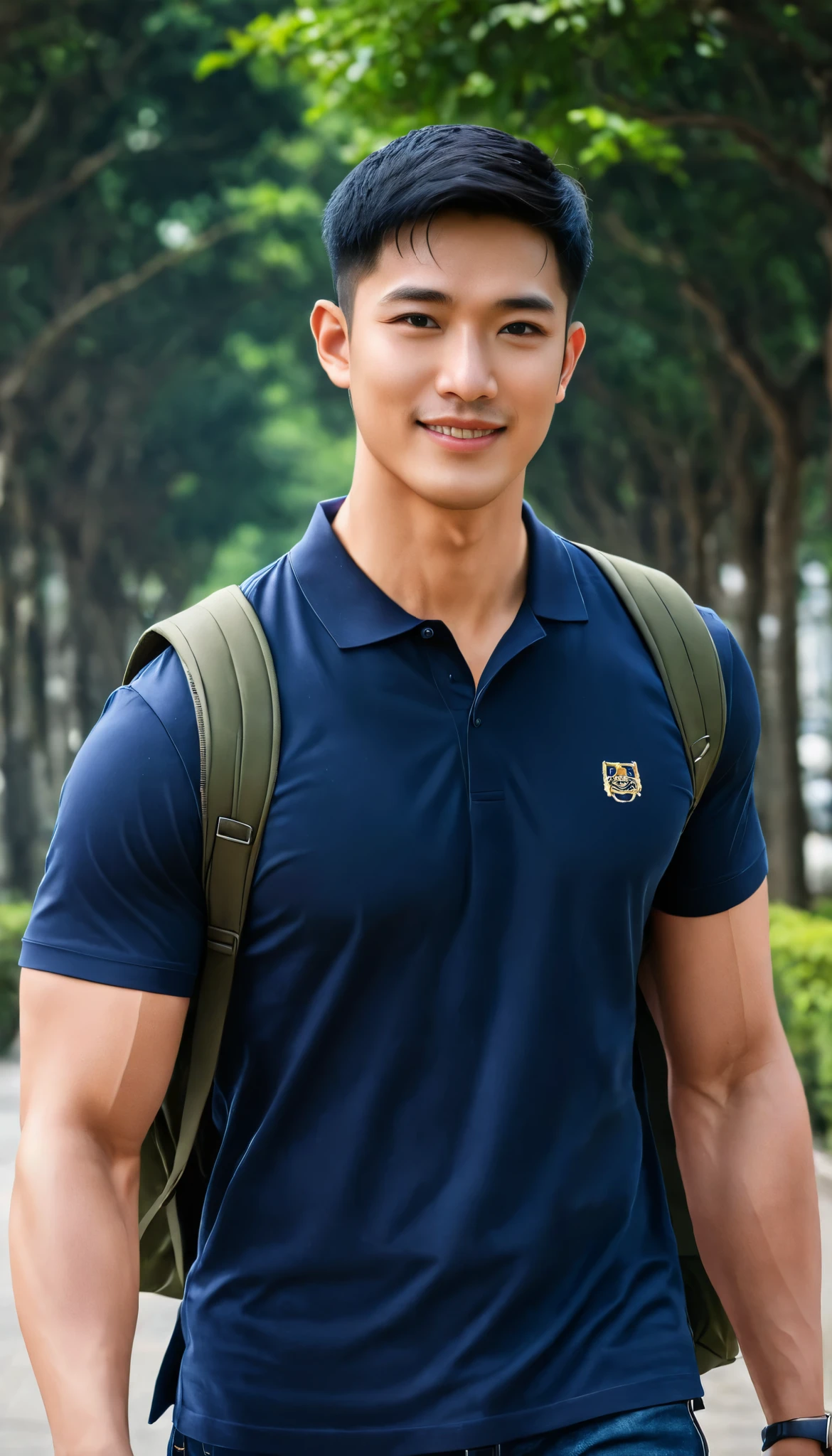 1boy, orimale ,Orimura, black_eyes, black_hair, male_focus, realistic ,  bright eyes  ,smile,  Buzz Cut Drop Fade , Handsome Thai Man With A Little Mustache , is muscular ,blood vessel,Broad shoulders, Wear a navy polo shirt with short sleeves without a logo and jeans. Backpack