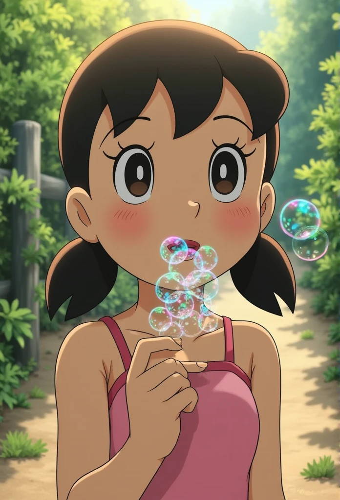 A girl blowing magical colorful bubbles, beautiful detailed eyes, beautiful detailed lips, extremely detailed face, long eyelashes, (best quality,4k,8k,highres,masterpiece:1.2),ultra-detailed,(realistic,photorealistic,photo-realistic:1.37),fantasy, vibrant colors, cinematic lighting, intricate details, whimsical, dreamlike, ethereal, iridescent bubbles, swirling motion, natural outdoor setting, lush greenery, warm sunlight