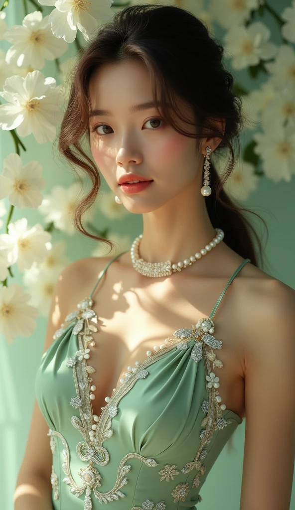 Beautiful young woman、With a hairstyle decorated with lots of flowers、The background is an elegant green color。The woman's expression is captivating、The eyes are big and shining。Wearing a black leather jacket、Delicate petals adorn her face and hair.。The overall artistic design、The charm of women is enhanced。