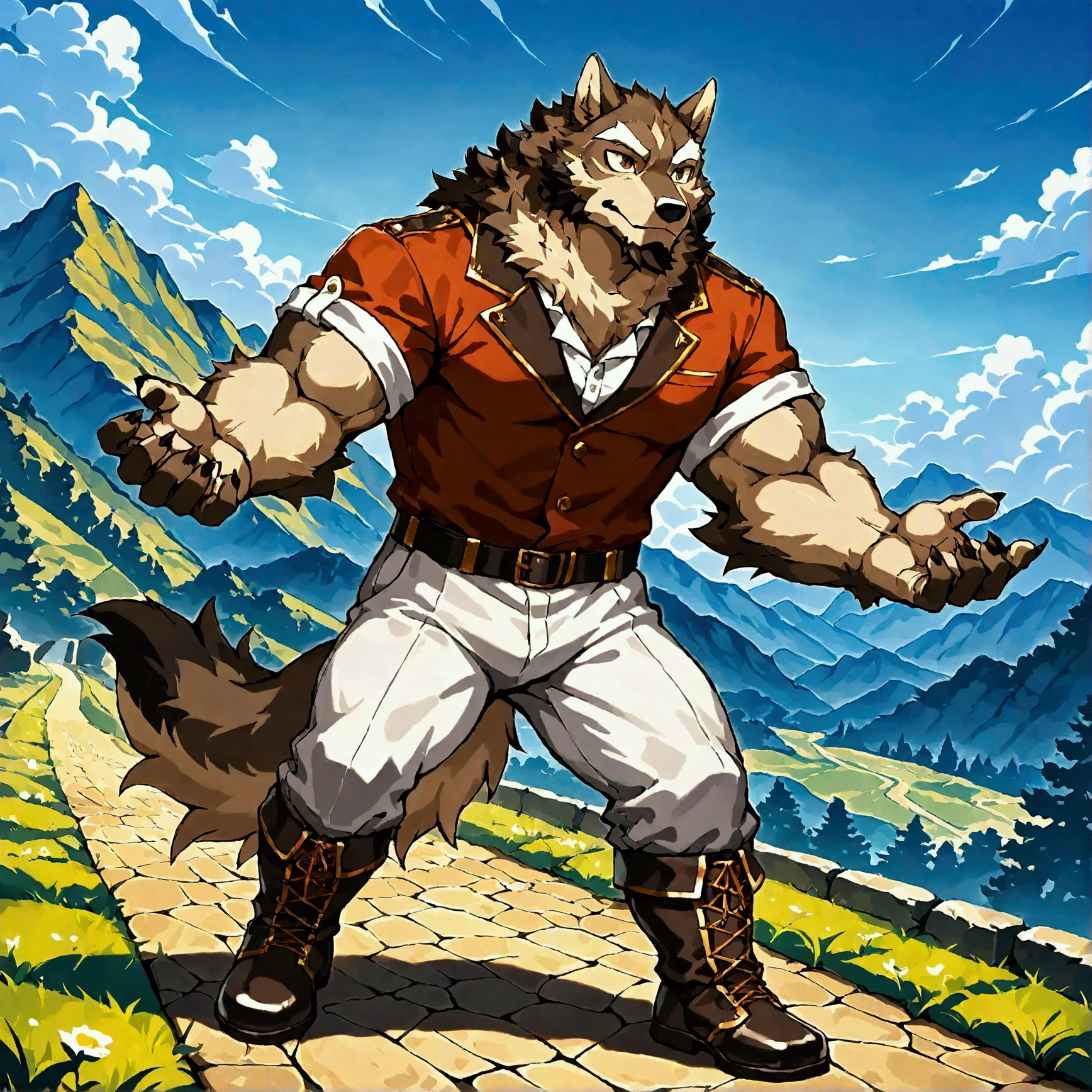 character focus, full body, looking away, various angle, european fantasy, a muscle middle-aged wolf man, heroic costume clothes, armor, shirt, pants, dynamic pose, BREAK complete anatomy, perfect proportions, beautiful thigh gap, fluffy body, intricate fur details, beautiful fur texture, BREAK a detailed wolf 1tail, detailed boots, detailed foot, detailed hands, 5fingers, 5fingers nails, BREAK aesthetic anime face, insanity detailed face, male face, big face, square jawline, aesthetic anime eyes, detailed brown eyes, detailed brown cornea, detailed dark brown irises, detailed pupils, male eyes, big eyes, male eyebrows, innocent look, beautiful beard, BREAK full body in Michelangelo Buonarroti style, digital illustration anime, housamo style, detailed painting landscape, mountain, path, outdoor, full color, HDR, BREAK masterpiece, official art, best quality, very aesthetic, absurdres, super fine illustration, great quality, BREAK noise reduction, very highres, large filesize, high quality, 32K, 8k wallpaper, dynamic lighting, BREAK insanity detailed, ultra detailed, intricate details, extremely detailed, detailed texture, an extremely delicate and beautiful, BREAK osukemo, e621 illustration, kemohomo, anthropomorphic, furry, cartoon, harmonious body, pastoral face, virtuous eyes, epic atmosphere