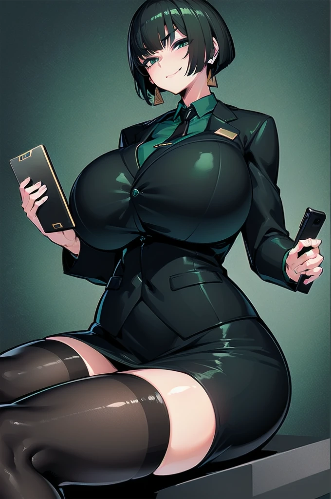 (Matte texture), 1 woman, ALLMIND, smug, naughty smile, (black hair), (short bob), earring, (green eyes), tall and slim, (sensual body), (stocky build), (gigantic breasts), (extremely thick thigh), (wide hip), (business suit, tight skirt, Pantyhose), (cyberspace background), sitting, holding tablet, masterpiece, high quality, high detail