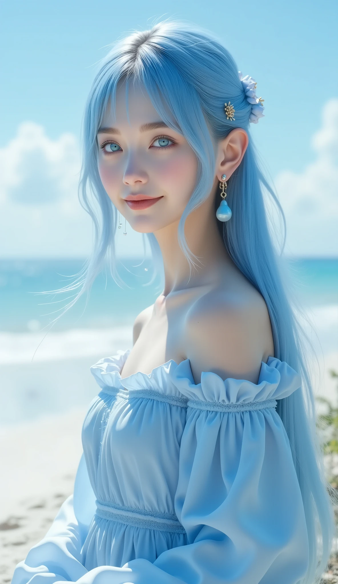 art by Cornflower,( Masterpiece),(4K), High Quality ,(  perfect anatomy  ),(( stretch your back to capture the natural beauty and personality of the )), flat chested, 1 girl,  Beautiful Blue Hair , pale skin, beautiful smile, Beautiful Detailed Blue Eyes , Light Blue Dress , multi-layered outfits , ( highly detailed elegant ),   Magical Colors and Vibes ,  detailed skin, The background is softly blurry , scenes where there are no extra arms, Bokeh, Silky to the touch,  HYPER DETAILS ,At White Beach, blue sky, Soft Pastel Tones , movie-like lighting, cowboy shooting