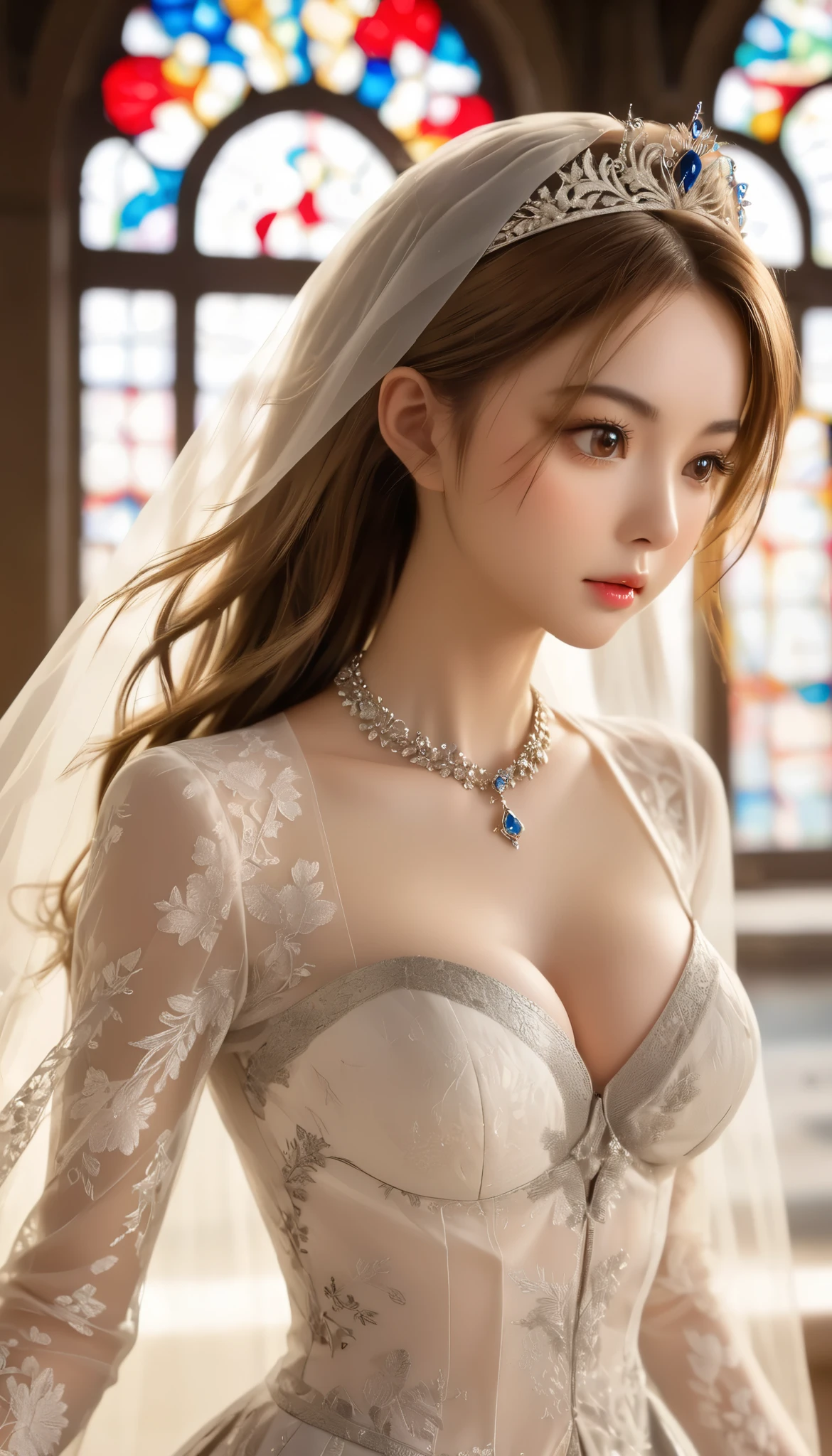 (highres, ultra-detailed, realistic:1.37), aerith, final fantasy, beautiful body, beautiful detailed eyes, detail-oriented nose, luscious lips, long flowing hair, radiant smile, elegant crown, royal attire, intricate jewelry, graceful pose, enchanting expression, majestic castle in the background, vibrant colors, soft lighting, regal atmosphere, atmospheric perspective, stunning landscape, floating clouds, magical aura, timeless beauty, intricate patterns, ethereal ambiance, striking contrast, dreamlike quality, cinematic composition, white dress closeups