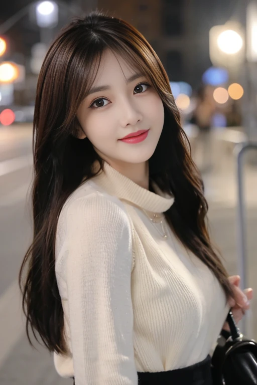 table top, highest quality, figure, Super detailed, finely, High resolution, 8k wallpaper, 完璧なダイナミックな構figure, detailed and beautiful eyes, black long sleeve knit dress,straight hair,small breasts natural color lip, random sexy poses,smile,Harajuku、20 year old girl、beautiful woman、sexy shot looking at camera,perfect and beautiful face,blur the background