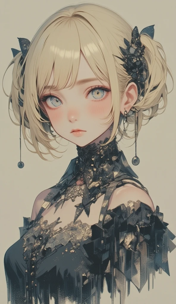 ( best quality、  Masterpiece 、 very detailed、 one girl、 cute face、Silky Short Blonde、(((  twin-tail shorthair 、Short Bob Twin Tail)))、  Grey Eyes 、 above the knee、 gothic fashion 、 very detailed目、Small red cheeks and nose、 cute face、