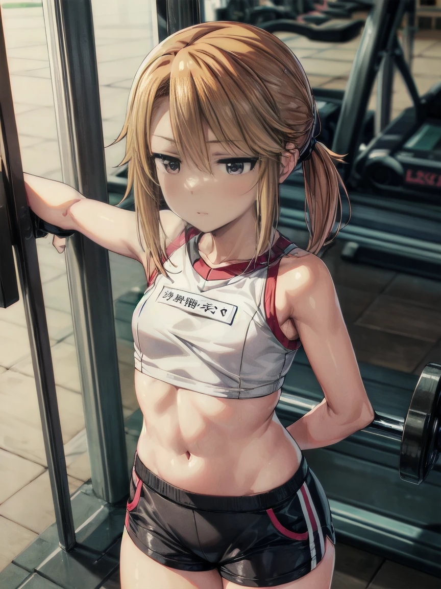 nsfw,A masterpice, 4K, best quality, yuuki haru,Sports Bra, Latex Shorts,open clothes, are standing, arms folded,cool expression,Beautiful gym, brown-eyed, midium-long-hair,very-Small_Breast, looking at the viewers,