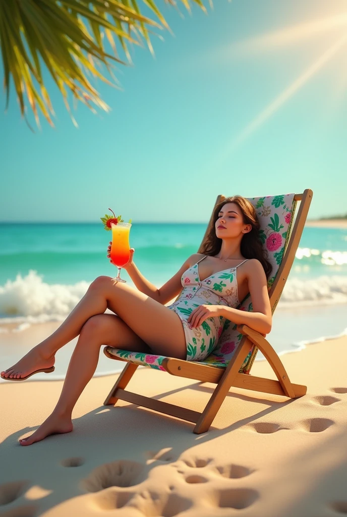 a woman in swimwear, vibrant colors, sunny beach, crystal clear water, tropical paradise, sandy shore, blue skies, palm trees, relaxing atmosphere, summer vibes, joyful expression, stylish swimsuit, flowing hair, golden tan, beach umbrella, refreshing drinks, beach ball, beach towel, seashells, ocean waves, serene horizon, vacation memories, dreamy sunset, water droplets, cooling breeze, carefree laughter, beach party, endless fun, playful splashes of water, flip flops, sunglasses, tropical fruits
