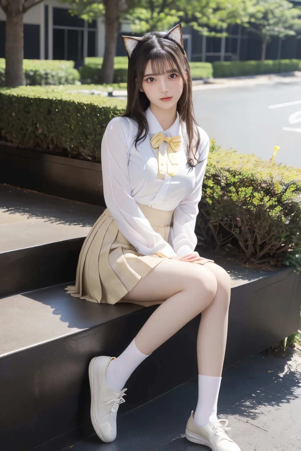 Masterpiece, 8k, Bokeh, beautiful face, (multiple girls:1.4), Harem, group photo, (Cat ears:1.3), (school uniform:1.2),(blouse, check ribbon,Pleated skirt, Black ankle socks:1.3), (Plump breast:1.1), Looking at the viewer, (Bite a Banana:1.3),Sunshine road, Cowboy shot, From below,