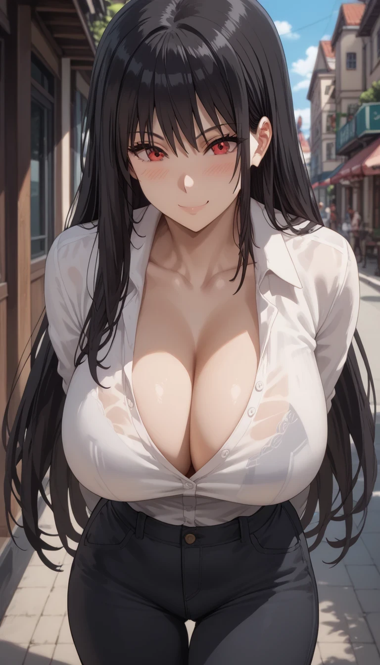 Source anime, Tall girl, Fit girl,score_9, score_8_up, score_7_up, score_6_up, uncensored, claire kagenou, long hair, black hair, red eyes, huge breast,  thicc thighs, white shirt, long Sleeve, collarbone, cleavage, smile, blush, cute, pants, Black pants, clothes tuck in, body Lean forward, Hands hidden behind the back,