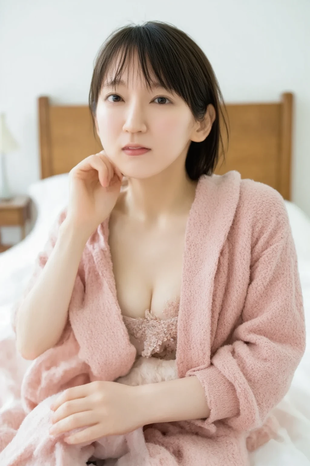 1 girl,(Best quality, 8k, 32k, Masterpiece),(Realistic: 1.5),riho yoshioka:2.5,nude:4.3,elect nipples:2.9,real nipples:3.0,spread pussy:4.2,flushed cheeks,medium breasts,straight long hair,pubic hair:5.1,great laughter,30 years old,on the bed