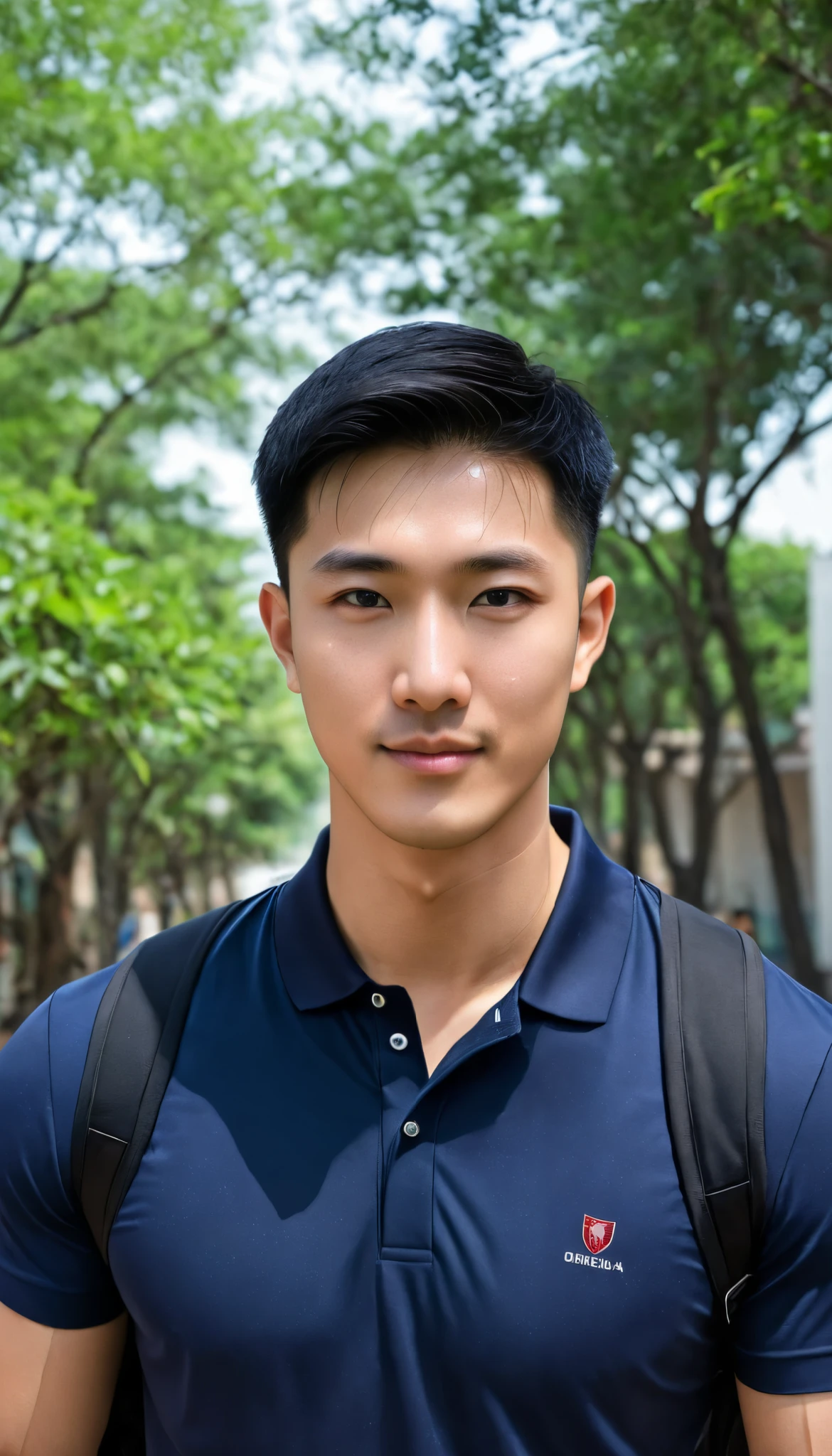 1boy, orimale ,Orimura, black_eyes, black_hair, male_focus, realistic ,  bright eyes  ,smile, Buzz Cut Drop Fade , Handsome Chinese Man with a Little Mustache , is muscular ,blood vessel,Broad shoulders, Wear a navy polo shirt with short sleeves without a logo and jeans. Backpack