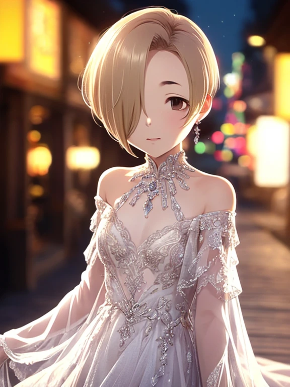 ( Masterpiece),(4K), High Quality ,( small breasts), 1 girl, ( highly detailed elegant ), multi-layered outfits ,   Magical Colors and Vibes ,  detailed skin,背景teethやわらかくぼやけています, scenes where there are no extra arms,  Depth of Written Boundary, Bokeh, Silky to the touch,  HYPER DETAILS , sitting,At White Beach, teeth、 creates a dreamy, graceful vibe , (((Shirasaka Koume,  blonde hair ,  hair covering one eye ,  short hair,  Brown Eyes ,  flat chested)))