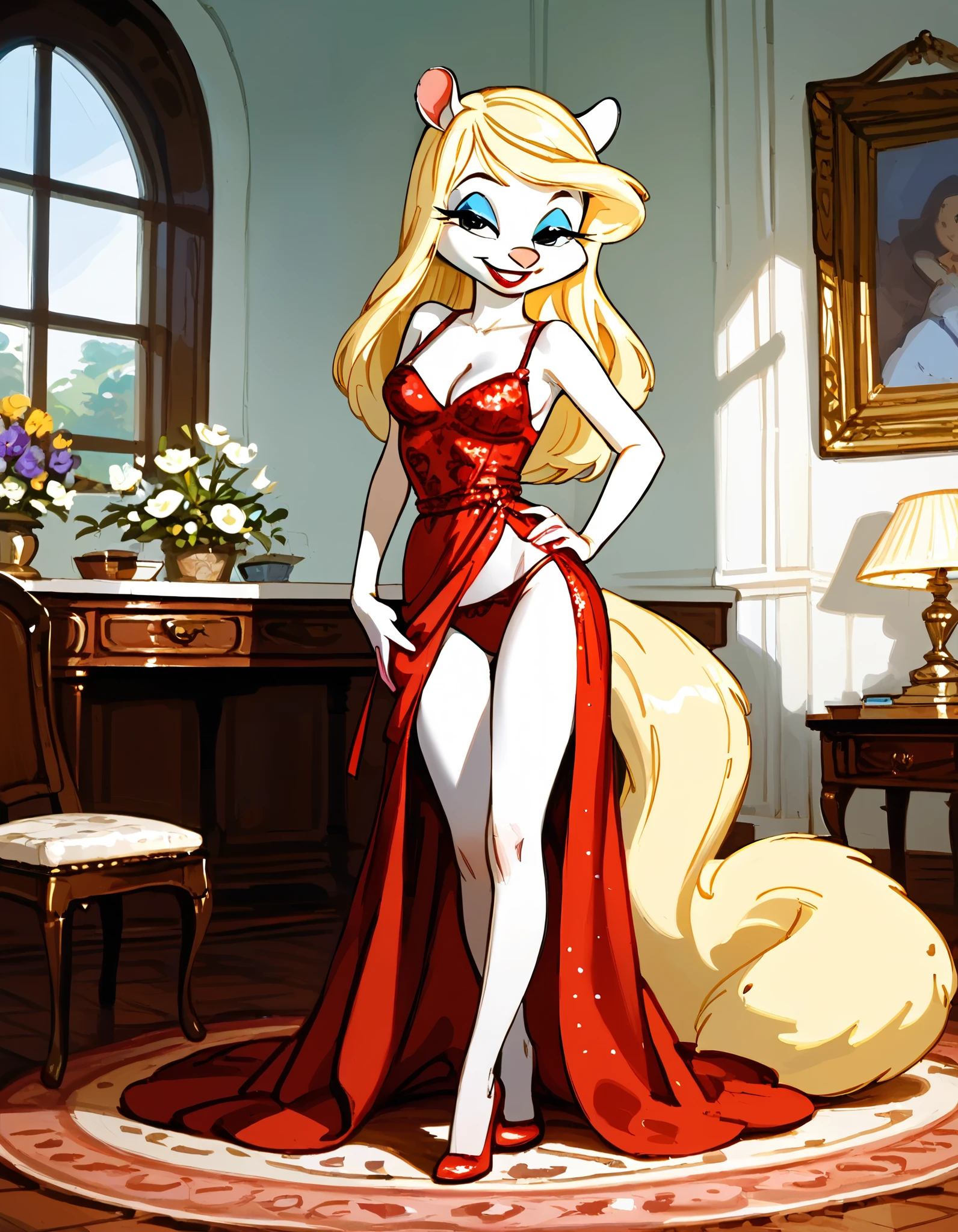masterpiece,best quality, highly detailed, score_9, score_8_up, score_7_up, score_6_up,BREAK minerva mink, 1girl, white fur blonde hair, fluffy blonde tail, solo, black eyes, long hair, wearing a glittery red dress with a side cut, dress lift, panties showing, red thong, standing, one hand on hip, makeup, smile, grin, full body, lipstick, medium breasts, cleavage, seductive pose, indoors