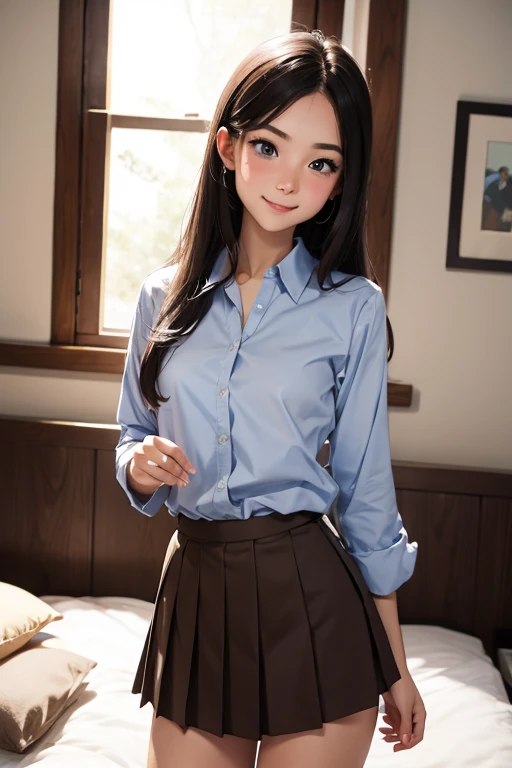 ((nsfw)),girl,cute,smile,saliva,nose blush,,licking,long brown straight hair,ear pierce, thin eyebrows,Japanese, small breasts,sagging breasts,cleavage,,dark blue eyes,collared shirt, pleated skirt,,on bed,put hands standing on chest,Point of view