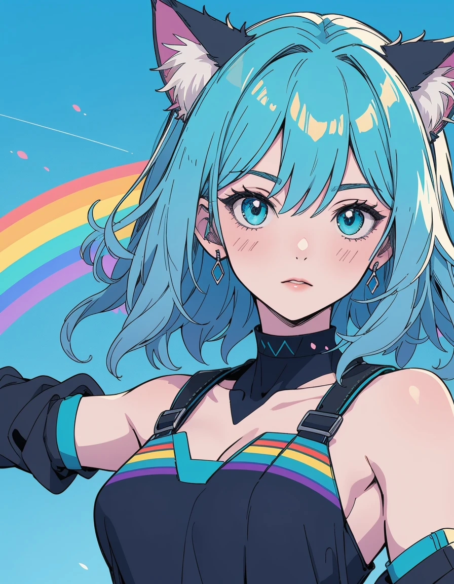 rainbow color hair, master piece, high quality illustration, digital art,4K, cat ear, pale skin, medium breasts, aqua colored eyes, 