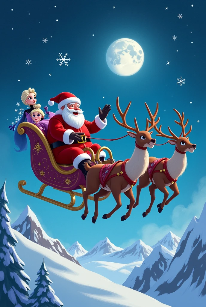 Traineau pere noel avec 4 rennes dans le ciel ,style Disney il y a la reine des neiges et miraculous avec lui dans traineau ils sauvent la planette