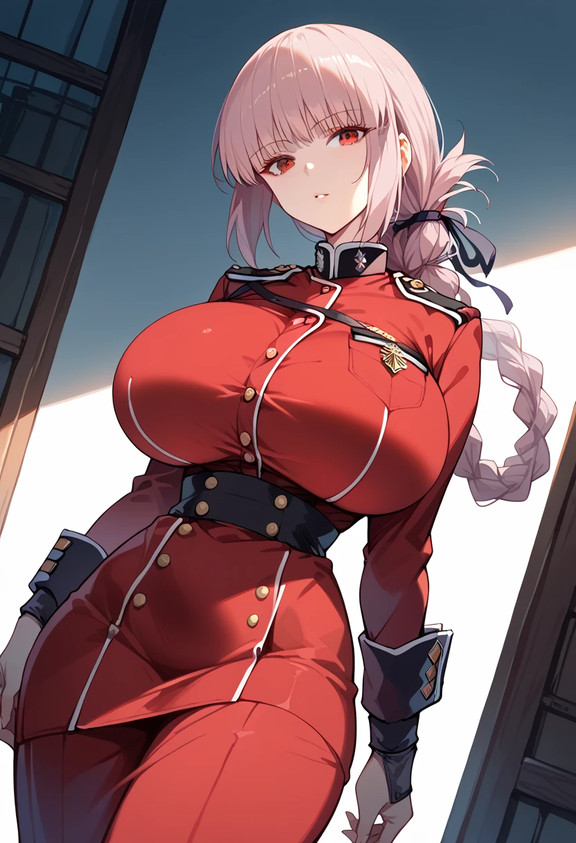 florence nightingale, pink hair, long hair, red eyes, hair braid, sidelocks, folded ponytail, single braid, braid, braided ponytail,
military, military uniform, uniform, Red uniform,(huge breast:1.4),(round breasts:1.2),((slender)),(narrow waist:1.2),big tits,(big hips),( curvy ),(A well-defined figure),(random angle)