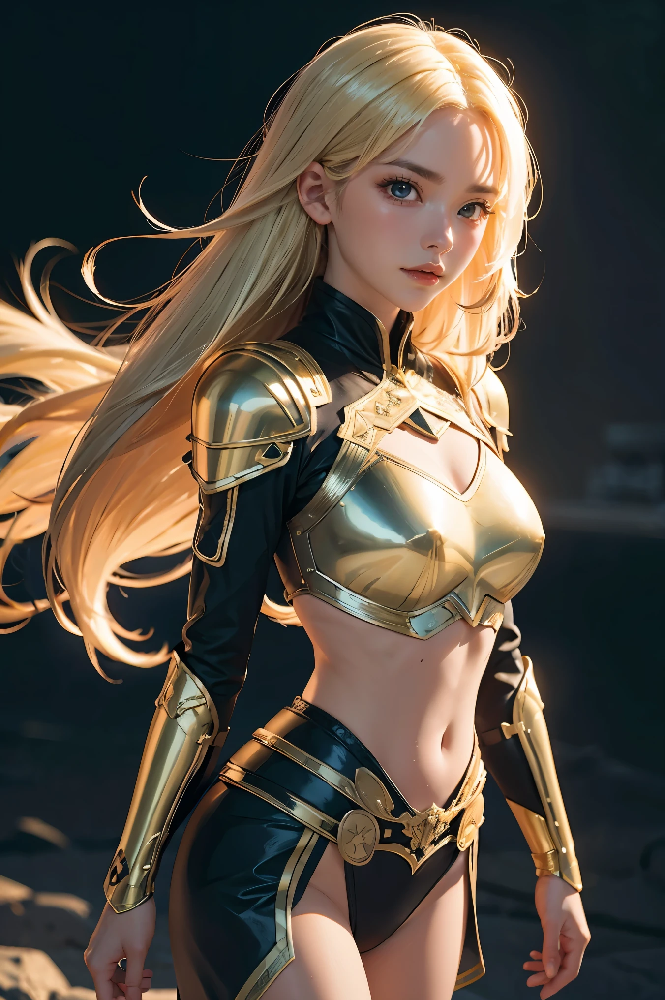 Unparalleled beauty, Lustrous firm and shiny skin, Bangs between the eyes, Glossy Straight Beautiful Dazzling Golden Platinum Blonde, Super Long Straight Silky Hair, eye line, Sexy beautiful innocent 14 years old, High definition big beautiful bright blue eyes, Beautiful and nice girl, Baby face, Full body jet black armor、full-plate-armor、Beautiful big eyes、