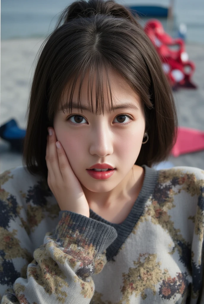 ((Best quality, 8k, RAW photo, Masterpiece :1.3)), (realistic、Photoreal:1.37)、Super detailed、super high resolution, (professional lighting), alone, 1 woman, solo, (30 years old), japanese, beautiful and detailed face, shining eyes, brown eyes, (scrawny：weight1.0) , Fine and beautiful skin, skin texture, japanese house、tatami,Japanese style room, sun light, (nsfw, fellatio, kneeling, open mouth:1.3, 1boy, penis), (Hairstyle: midium hair, brown hair), (Outfit: vivid red v-neck sweater), (floor from above:1.5) a girl,solo