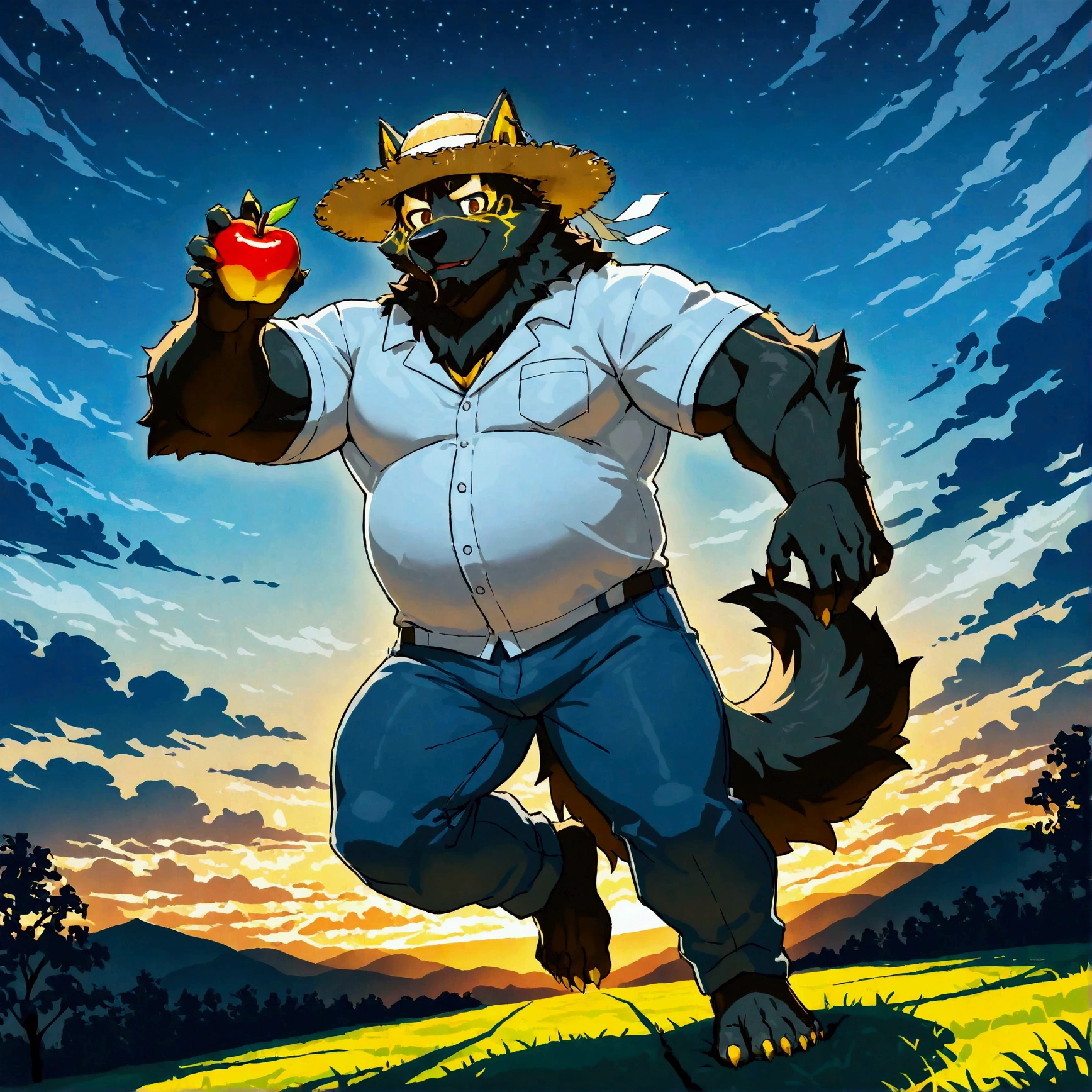 character focus, full body, looking away, dynamic angle, farmer, a musclegut middle-aged akita inu man, full body in Michelangelo Buonarroti style, housamo style, digital illustration anime, niji6, BREAK happy, little smile, working were clothes, straw hat, shirt, pants, sweet apple, harvesting fruits, dynamic pose, detailed painting landscape, morning, a grove of trees wordnet, tall sweet apple trees, outdoor, full color, HDR, BREAK complete anatomy, perfect proportions, beautiful thigh gap, fluffy body, intricate fur details, beautiful fur texture, BREAK (a detailed akita inu 1tail), detailed toe, 5toes, 5toes nails, beautiful foot, detailed hands, 5fingers, 5fingers nails, BREAK anime face, insanity detailed face, male face, big face, square jawline, anime intense eyes, detailed brown eyes, detailed brown cornea, detailed dark brown irises, detailed pupils, male eyes, male eyebrows, beautiful beard, BREAK masterpiece, official art, best quality, very aesthetic, absurdres, super fine illustration, great quality, BREAK noise reduction, very highres, large filesize, high quality, 32K, 8k wallpaper, dynamic lighting, BREAK insanity detailed, ultra detailed, intricate details, extremely detailed, detailed texture, an extremely delicate and beautiful, BREAK e621 illustration, osukemo, kemohomo, anthropomorphic, furry, harmonious body, pastoral face, virtuous eyes, harvesting atmosphere