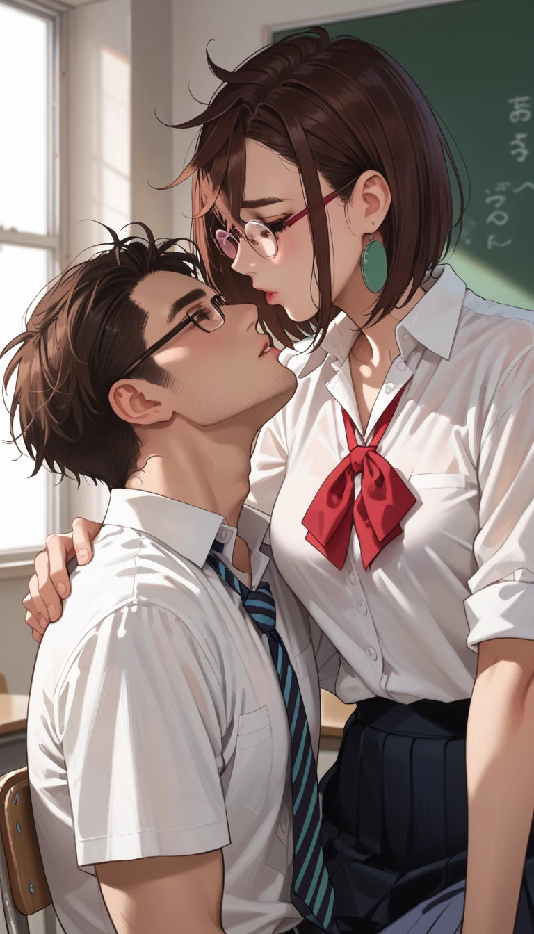 BREAK 1girl,1man,kiss, BREAK 1man,Teacher,White shirt,Glasses,short haircut,Slant eyes,handsome man,BREAK 1girl,momo ayase, short hair, brown hair, brown eyes, bangs, thick eyebrows, large breasts, School uniform,