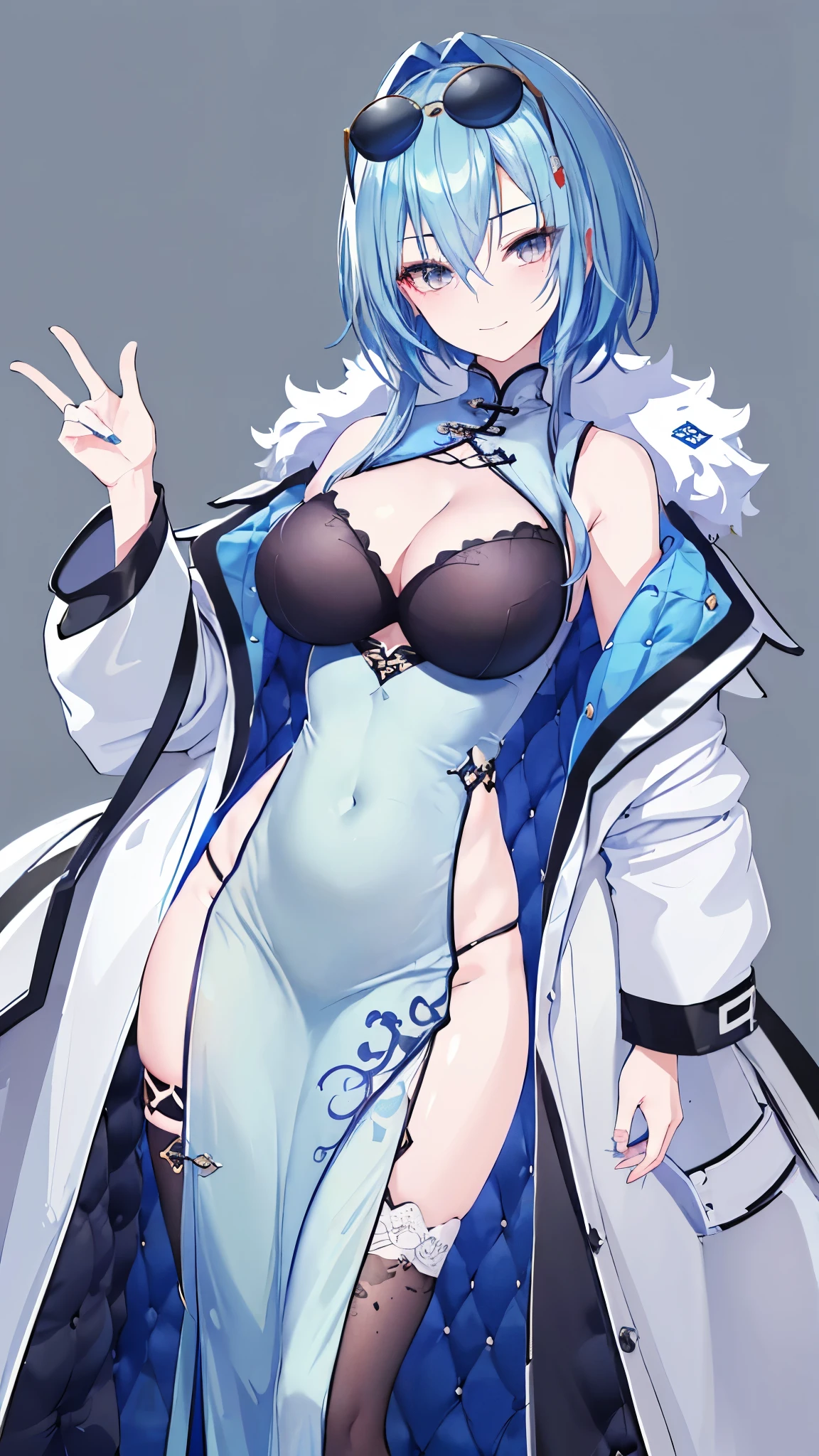 ((masterpiece、 best quality、 Very detailed))、 one girl、 light blue hair、shoulder length、 gray eyes、evil smile、 Big Breasts 、 sunglasses、((blue chinese clothes))、cleavage、 sleeveless、side slit、garter straps、((black fur))、 cowboy shot、Bedroom Background