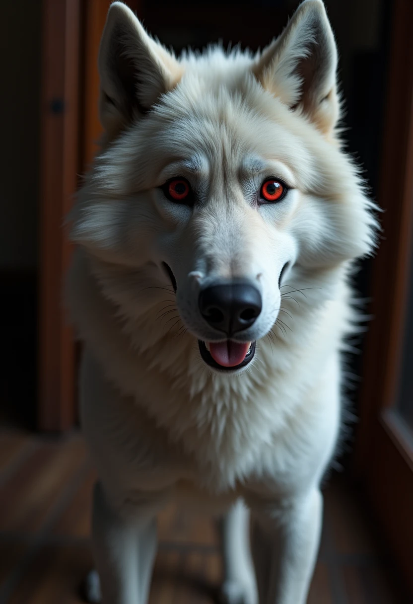 white wolf male. looking at the viewer, standing in the bedroom doorway. red eyes, Preventing viewer from entering,