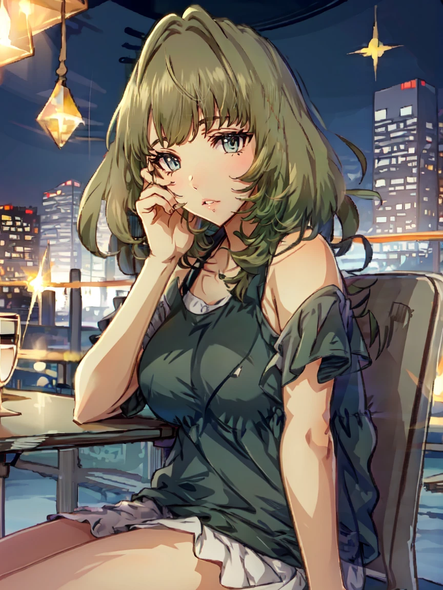 breast on table , breast rest ,1girl , midium breast , tank top , bare shoulder , looking at viewer, naughty face, open mouth, sitting .grabbing own breast , semi long hair , glasses, light green hair , heterochromia, 