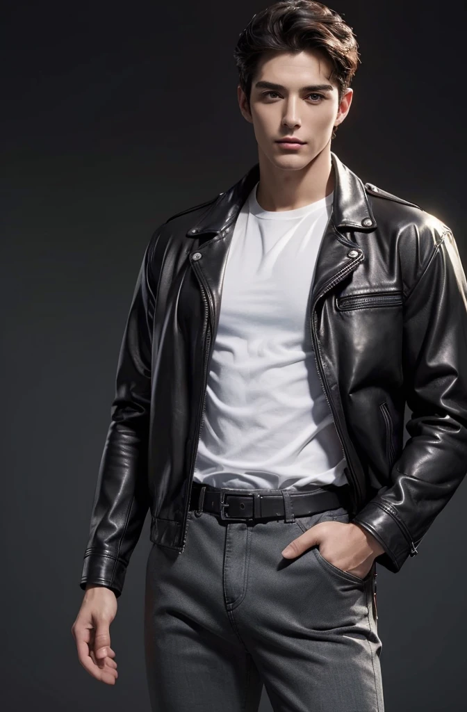 4k, high resolution, best quality, masterpiece, perfect color, perfect shade, perfect lighting, Posted by e621, ((handsome man)), perfect male figure, Short hair details，Detailed face, perfect face, (stood up), Detailed background, ((Bonifasco Lighting)),black hair, wearing black leather jacket, black pants, black leather belt, white shirt,