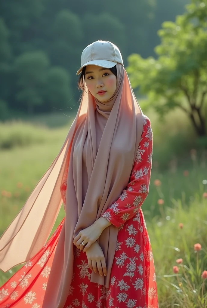 A beautiful young woman wearing a red hijab and black clothes is sitting on rocks beside a river surrounded by green trees.