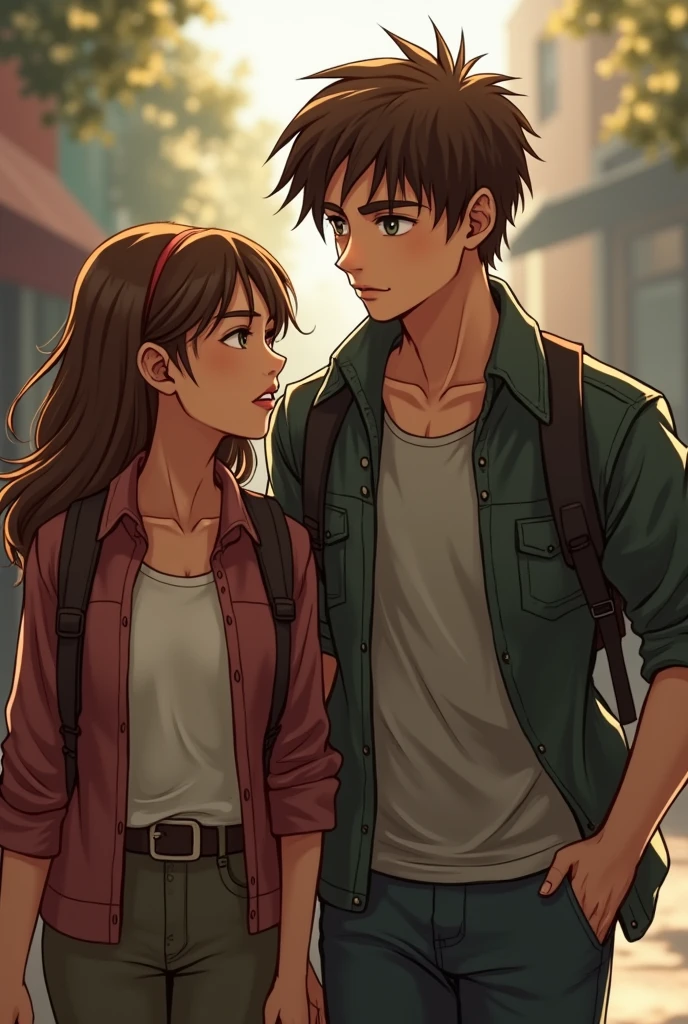 two. Personnages, une fille de 1,68 m brune aux eyes clairs plus précisément un verre, mixed with blue while walking with a one meter 84 cm boy , Brown hair color, eyes, chestnuts, bras, assez musclé Et qui est en train de regarder la brune