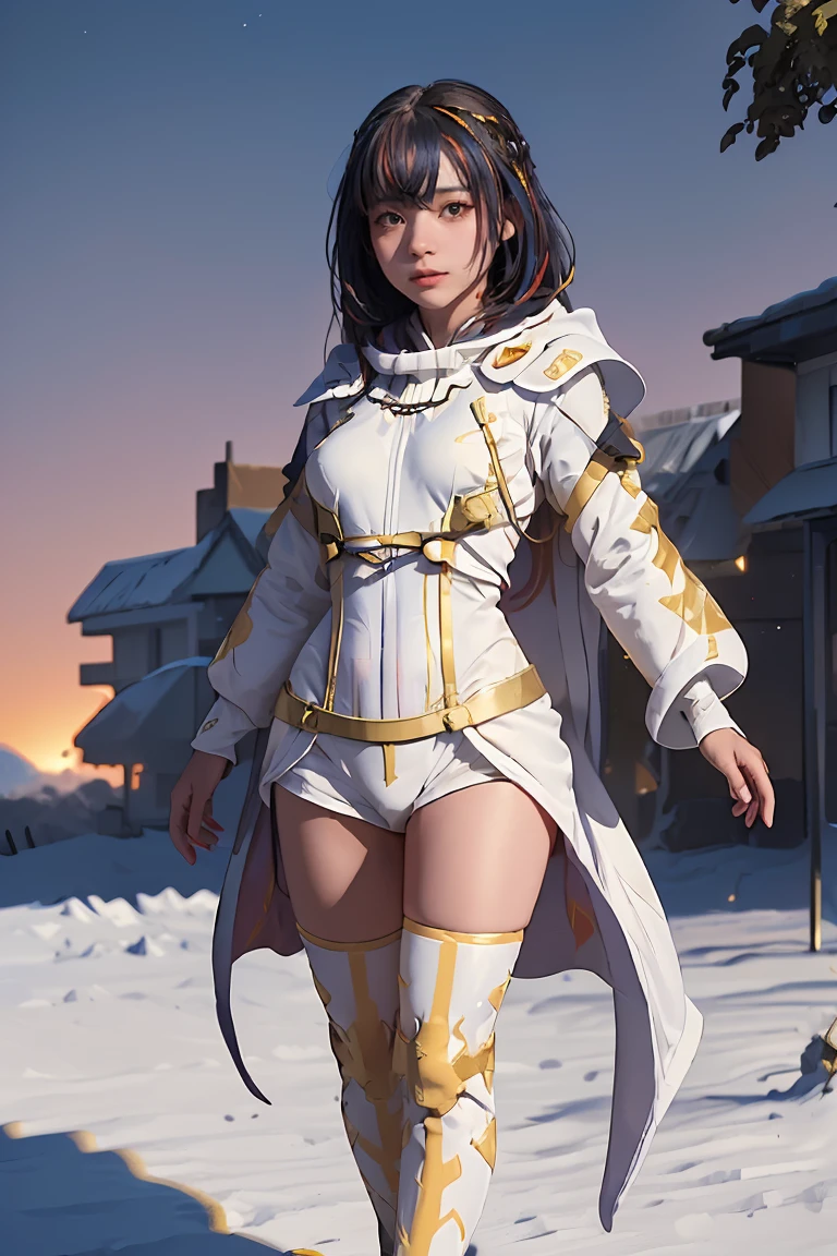 ((masterpiece, best quality, extremely detailed), volumetric lighting, ambient occlusion, colorful, glowing), 1girl, solo, young girl, (dark hair), long hair, ranger suit, hunter class dnd, cloak, (white outfit with gold detailst:1.3), armor, outdoors, sunset, sky, clouds, space, (fantasy theme:1.2), (full body)