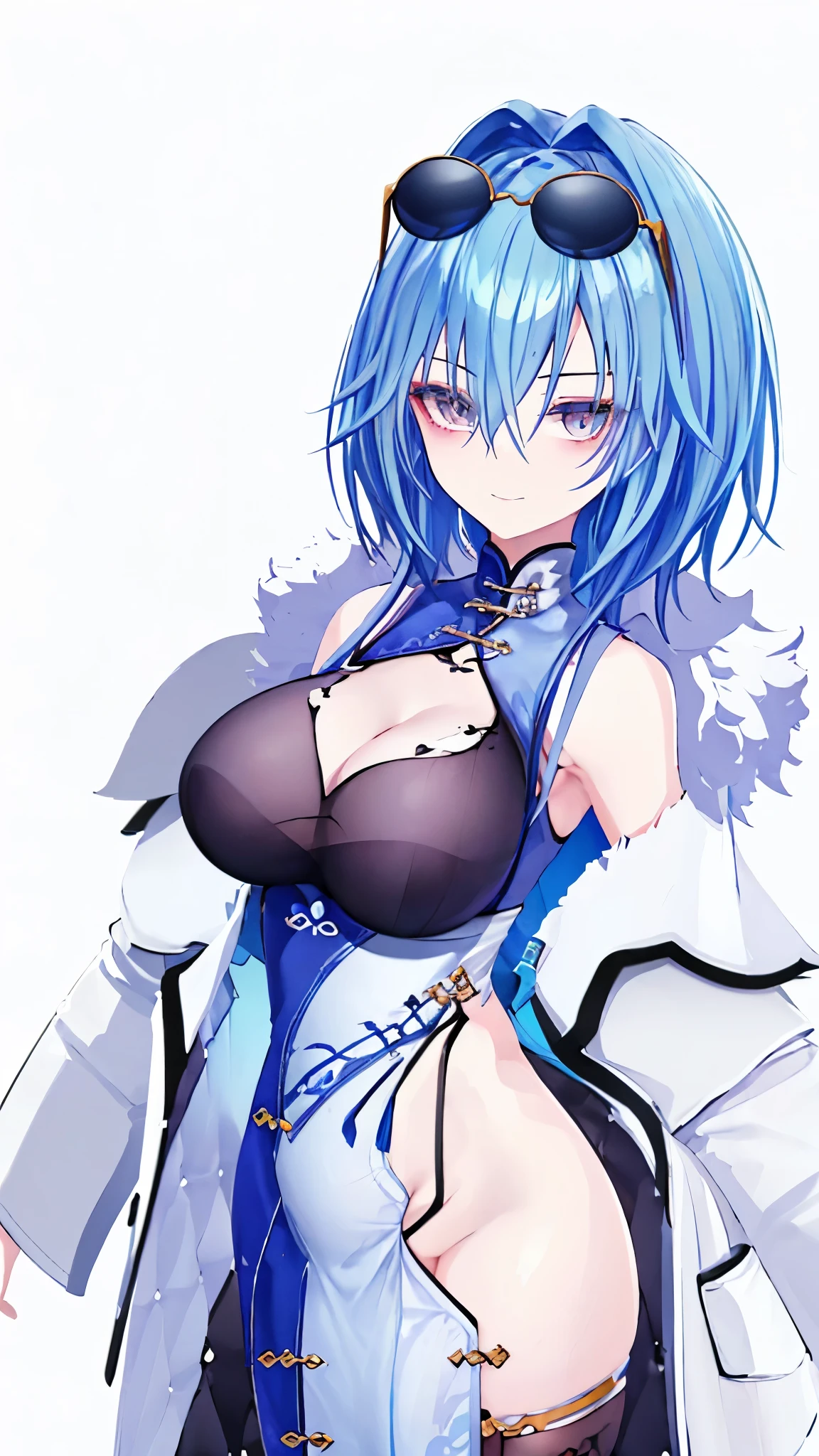 ((masterpiece、 best quality、 Very detailed))、 one girl、 light blue hair、shoulder length、 gray eyes、evil smile、 Big Breasts 、(( sunglasses))、((blue chinese clothes))、cleavage、 sleeveless、side slit、garter straps、((black fur))、 cowboy shot、Bedroom Background