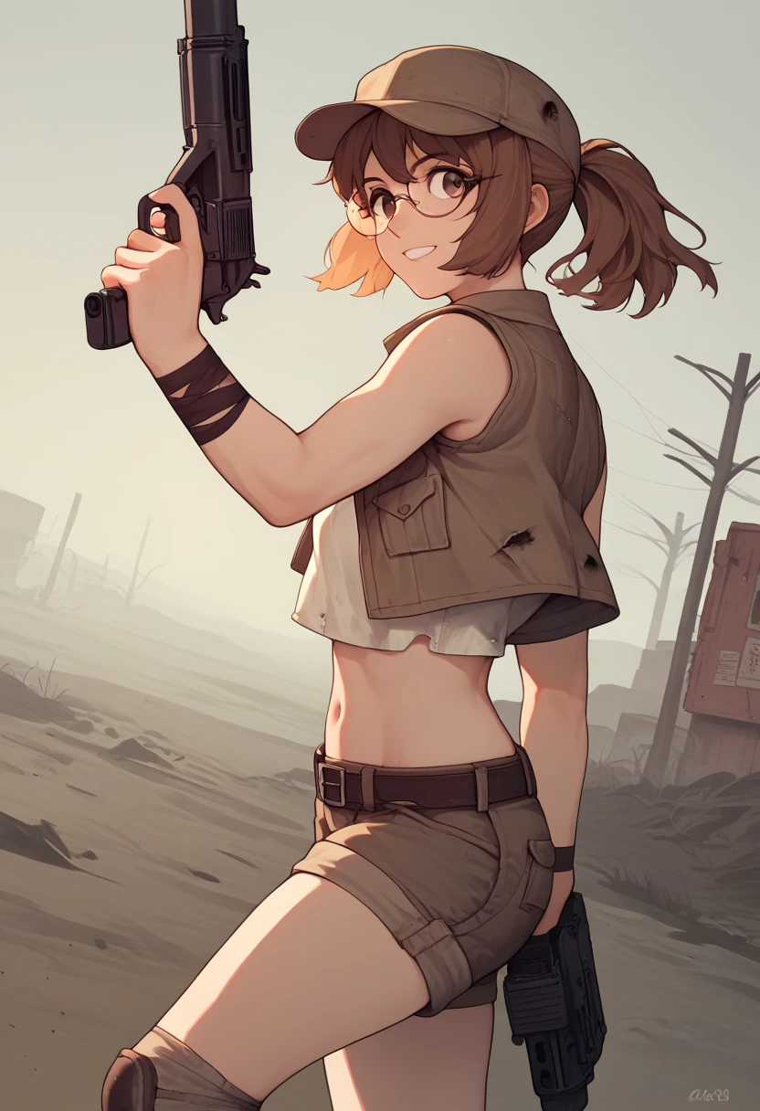 score_9, score_8_up, score_7_up, source_anime, fiogermi,1girl,fio germi, brown hair, glasses, medium hair, ponytail, brown eyes, crop top, hat, jacket, knee pads, shorts, sleeveless, navel, belt, outdoors, wasteland, gun, weapon, holding gun, aim gun, smile,looking at viewer, cowboy shot,dynamic pose, dutch angle, solo,side view