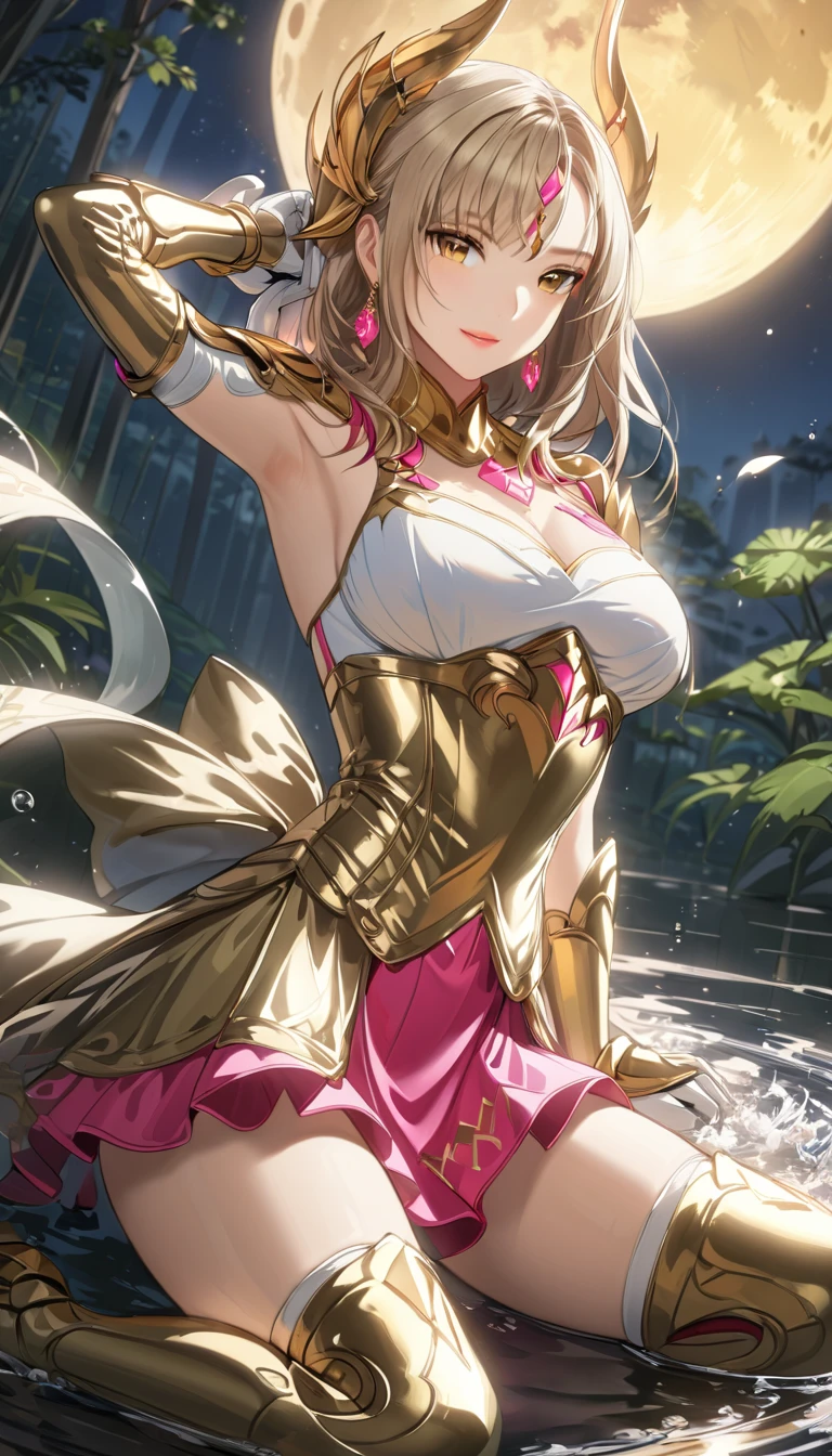 ((Masterpiece)), best quality, absurderes, ultra detailed, 8k, super complex details, intricate details, holographic, cowboy shot, golden ratio, super cute girl, neon aura, delicate and beautiful face, mature girl, idol girl, super beautiful asian girl with super beautiful glowing eyes, super beautiful glowing multicolored hair, super cute hairstyle, nice and sexy body, slim body, perfect body, wearing a super tight and super cute leotard, a super sexy divine armor and cute and celestial hair ornament, with a cute magical fantasy pet, in a beautiful garden with super beautiful flowers