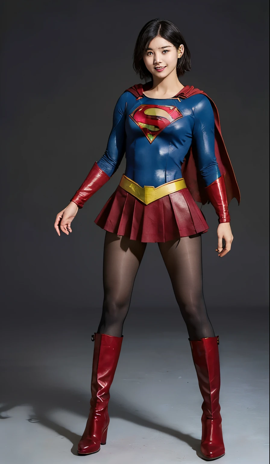 No background、(((Beautiful legs in black tights.)))、(((Legally express the beauty of your smile)))、((((Make the most of your original images)))、(((Supergirl Costume)))、(((Beautiful very short hair)))、(((suffering)))、(((Please wear black tights....、Wear red boots)))、((Best image quality、8K))、((Highest quality、8K、masterpiece:1.3))、(((Preserve background )))、Sharp focus:1.2、Beautiful woman with perfect figure:1.4、Slim Abs:1.2、Wet body:1.5、Highly detailed face and skin texture、8K